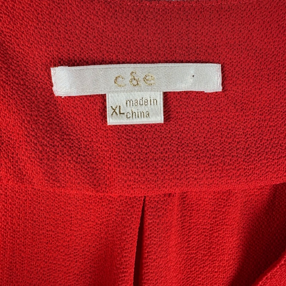 C&E Red Flutter Sleeve V-Neck Crepe Blouse XL Solid Red Top - Picture 2 of 6